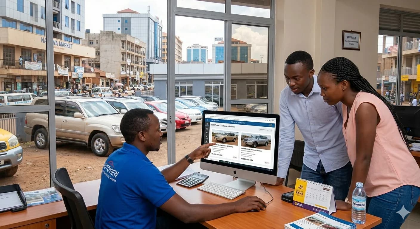 A dealership sales team meeting with a customer in the showroom office